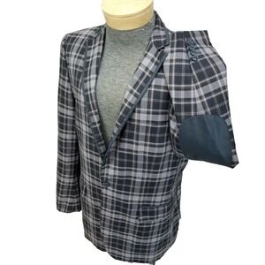 Lanzino Mens Plaid Blazer Navy Gray Elbow Patches Trim Two Button XL Windowpane